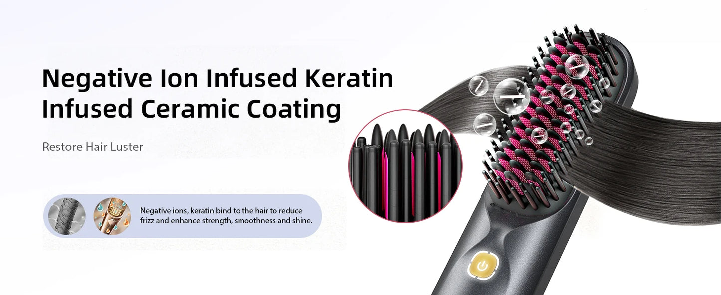 Cordless Hair Straightener Portable Brush 30s Fast Heating 10000mAh Rechargeable 300 Million Negative Ions Straightening Comb