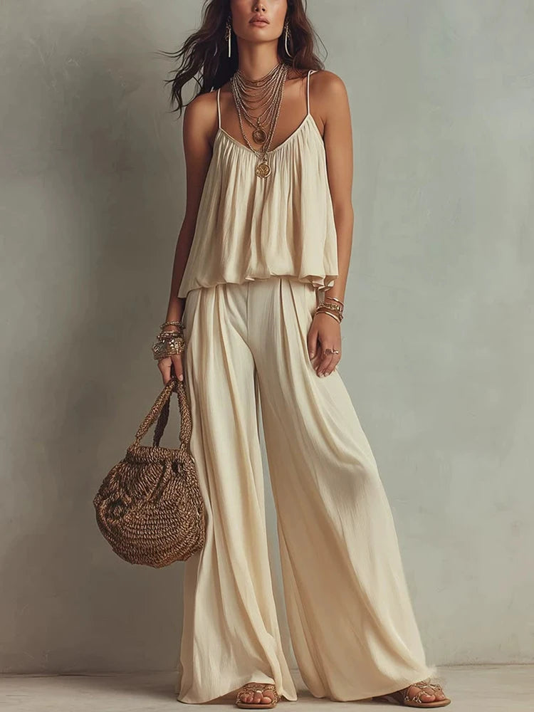 Simple Solid Color Sleeveless Summer Suit Casual Pleated Beach Sets New Women's V-neck Camisole Top with Wide Leg Pants Outfit