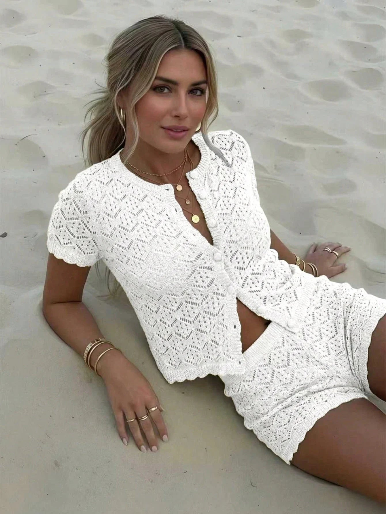 Womens Crochet Hollow Out Two Piece Beach Set Short Sleeve Knit Cover Up And Shorts