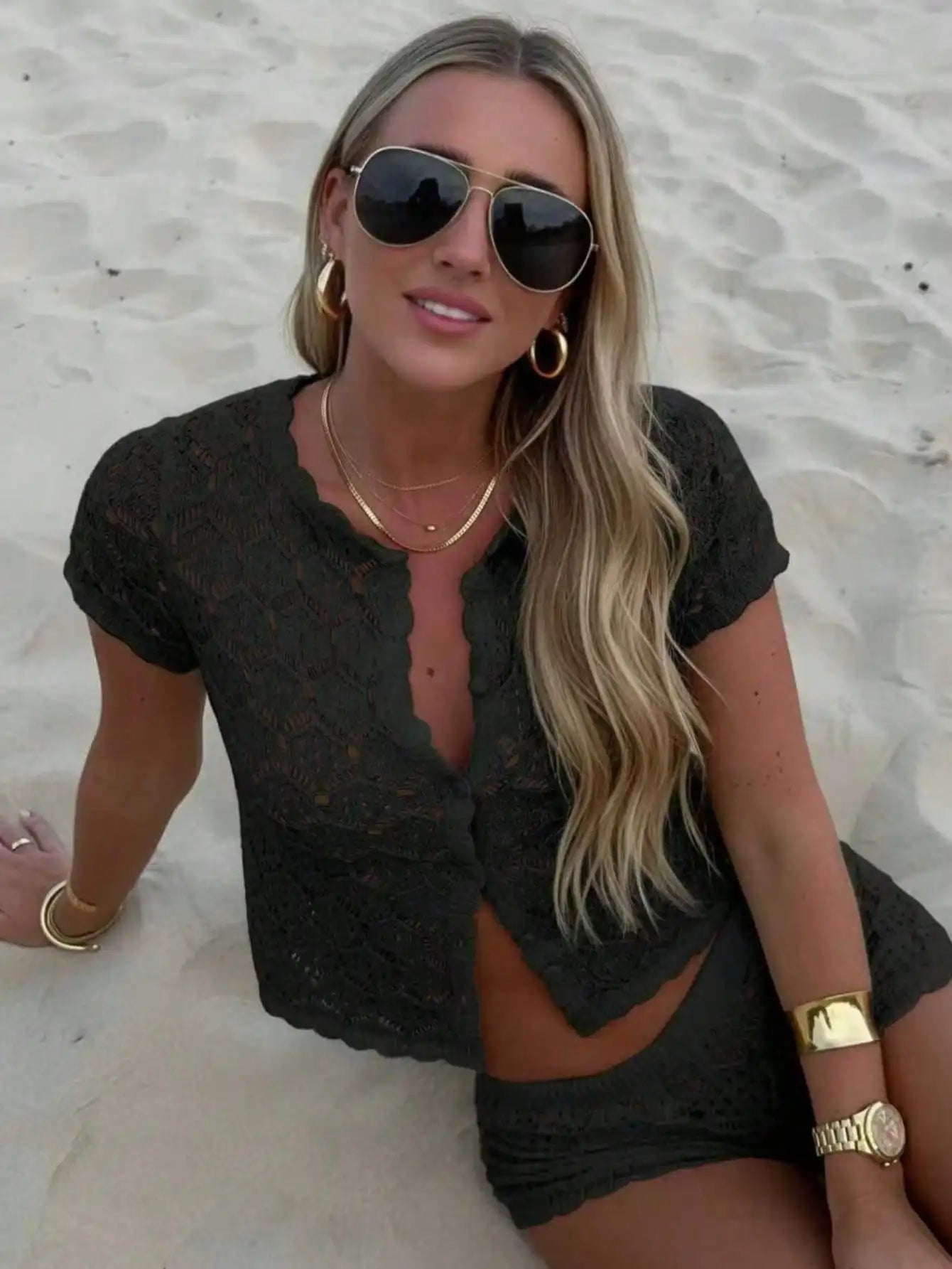 Womens Crochet Hollow Out Two Piece Beach Set Short Sleeve Knit Cover Up And Shorts