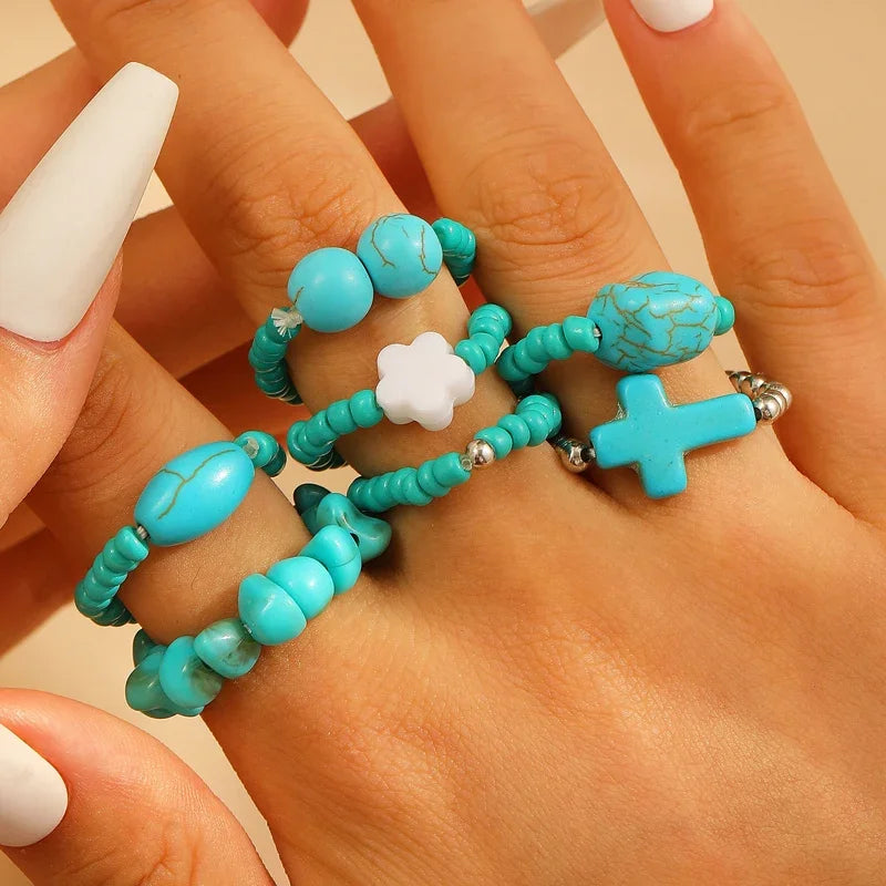 Ethnic Style Imitation Pearl Beads Rings Set for Women Retro Blue Stone Cross Elastic Rope Ring Personality Jewelry Gift