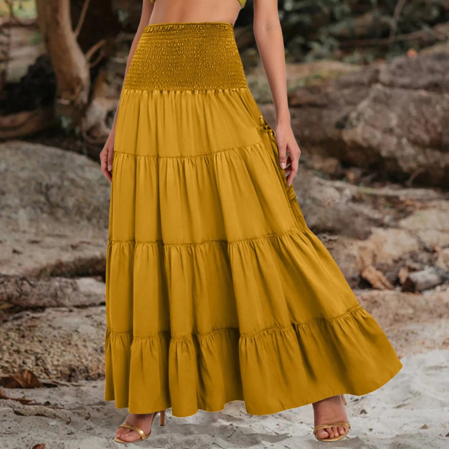 Boho Tiered A-Line Skirt Women Forest Fairy Pockets Patchwork Long Dress Elastic Waist Vintage Hippie Gypsy Maxi Skirt 스커트