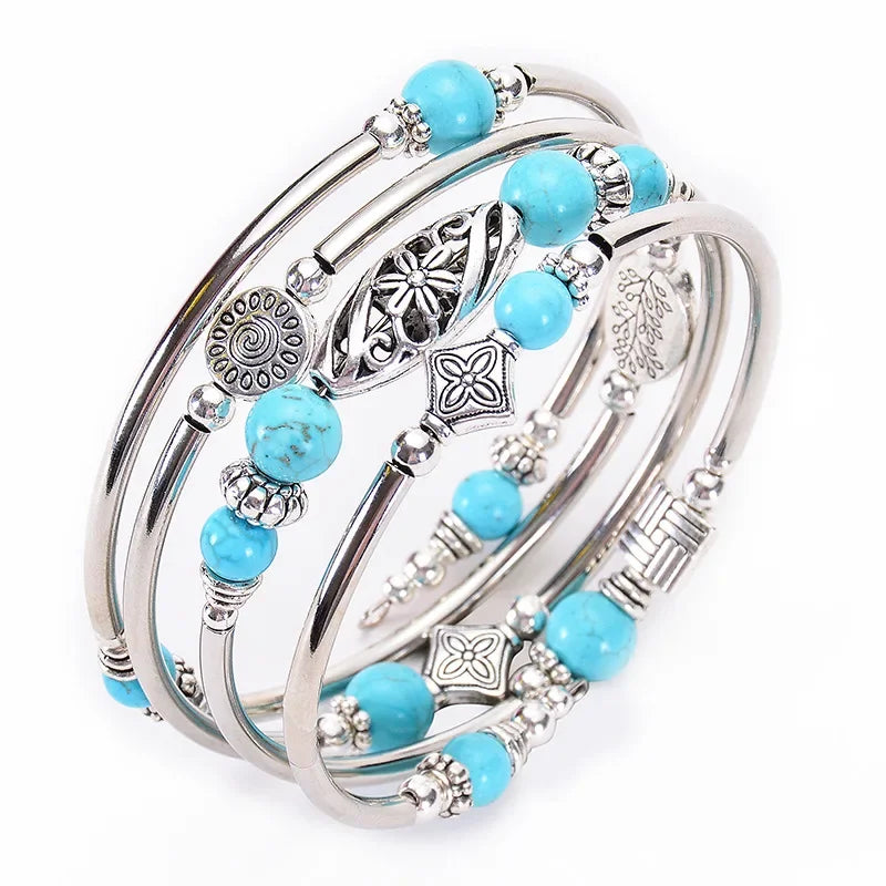 2023 New Natural Turquoise/Tiger Pattern Wrapped Bracelet Multi layered Natural Stone Bead Bracelet for Women and Men's Jewelry