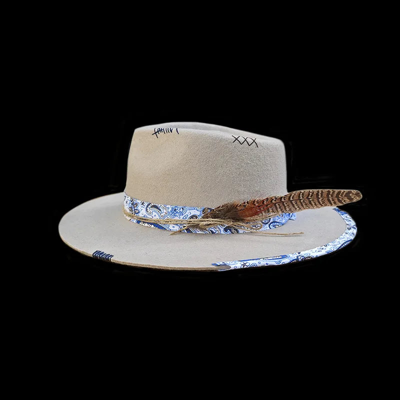Western Style 100% Wool Fedora Hat | Braided Ribbon & Feather Trim Felted Jazz Cap for Autumn/Winter