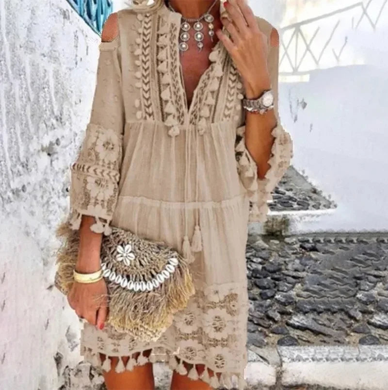 Holiday Dress Solid Hollow Out V-Neck Lace Sexy Dresses Bohemian Style Big Size Dress Vestidos Tassel Sexy Boho Long Dress Women