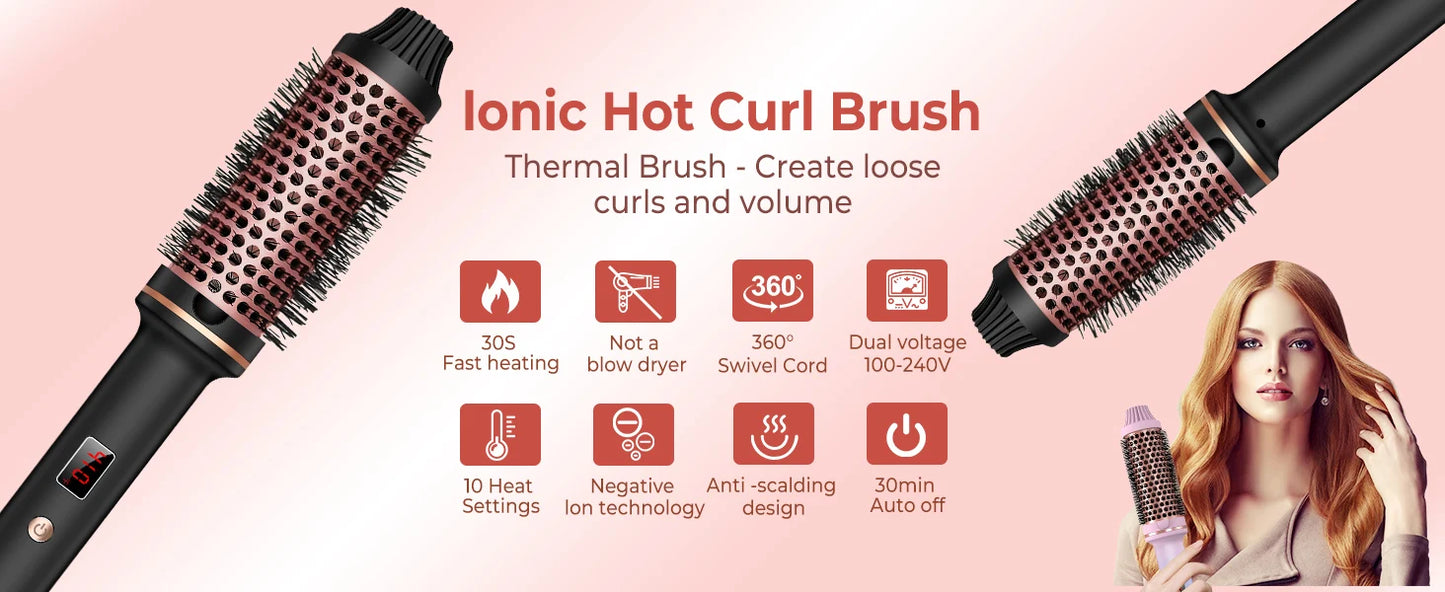 Thermal Brush Ionic Heated Round Brush, Hot Hair Curling Iron with 10 Temp Settings, 30s Fast Heated for All Hair Types, Black