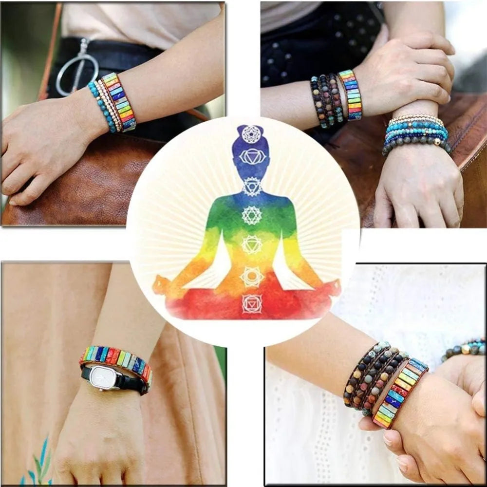 7 Chakra Leather Wrap Bracelet – Real Healing Stones, Boho Jewelry for Women & Men
