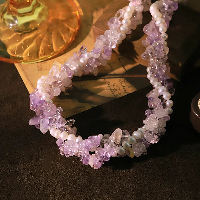 Three-layer White Amethyst Natural Pearl Necklace Luxurious Design High-quality Necklace Banquet Wedding Women's Jewelry GN0852
