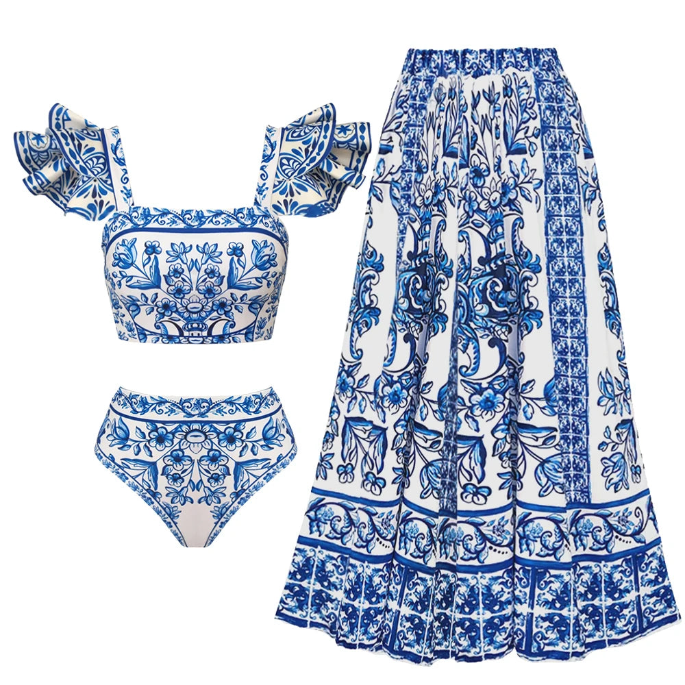 2025 New 2-Piece Shoulder Ruffle Swimsuit With Cover Up Sexy Women Swimwear Push Up Biquini Bathsuit Bodysuit Beachwear Dress