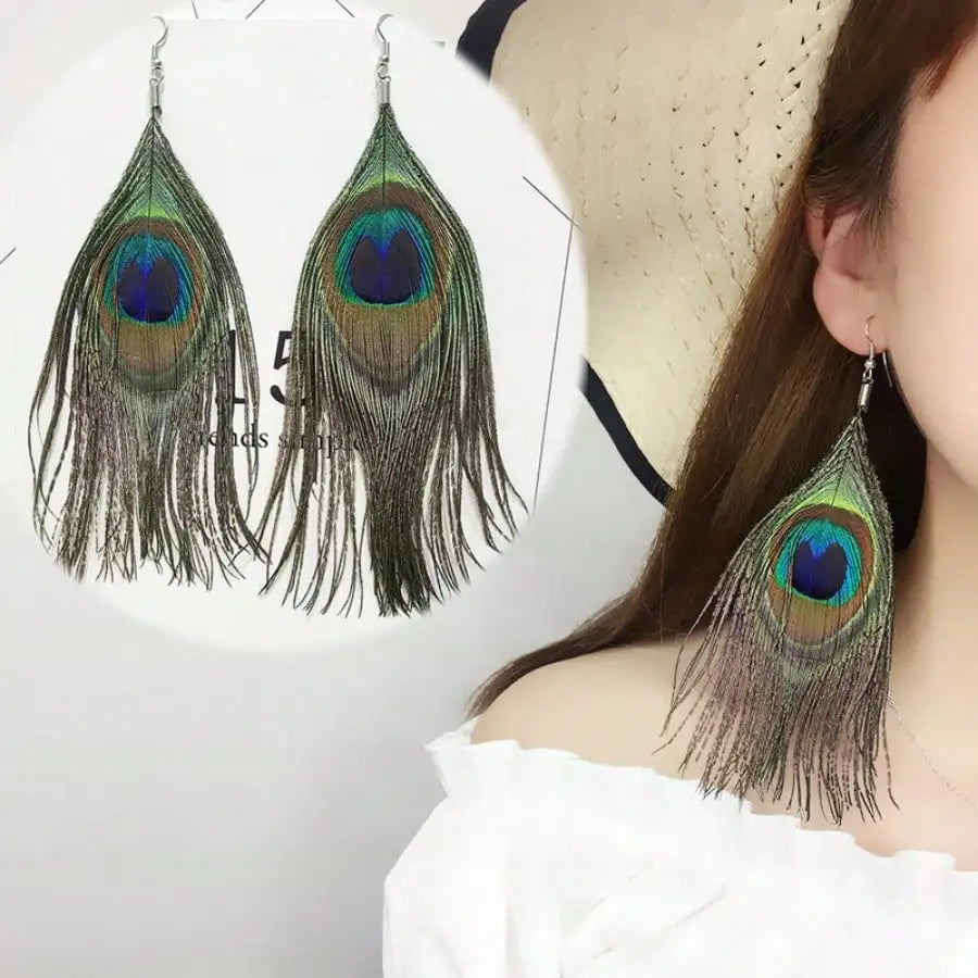 Bohemian Peacock Feather Earrings, Vintage Handmade Dangle Jewelry for Women