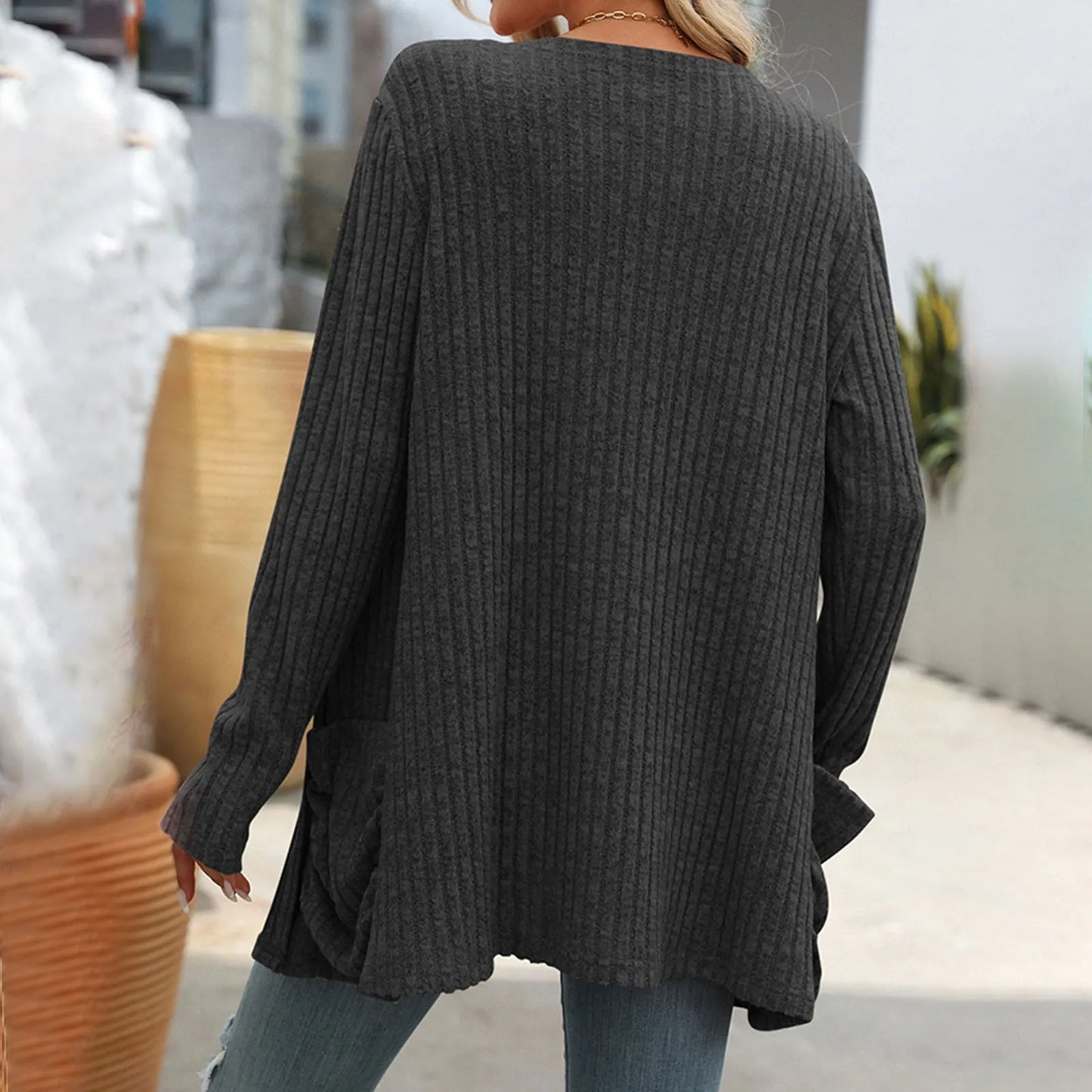 Women Sweater Cardigan Pockets Long Sleeve Solid Color Casual Loose Open Front Cardigan Lightweight Streetwear Fall Outerwear