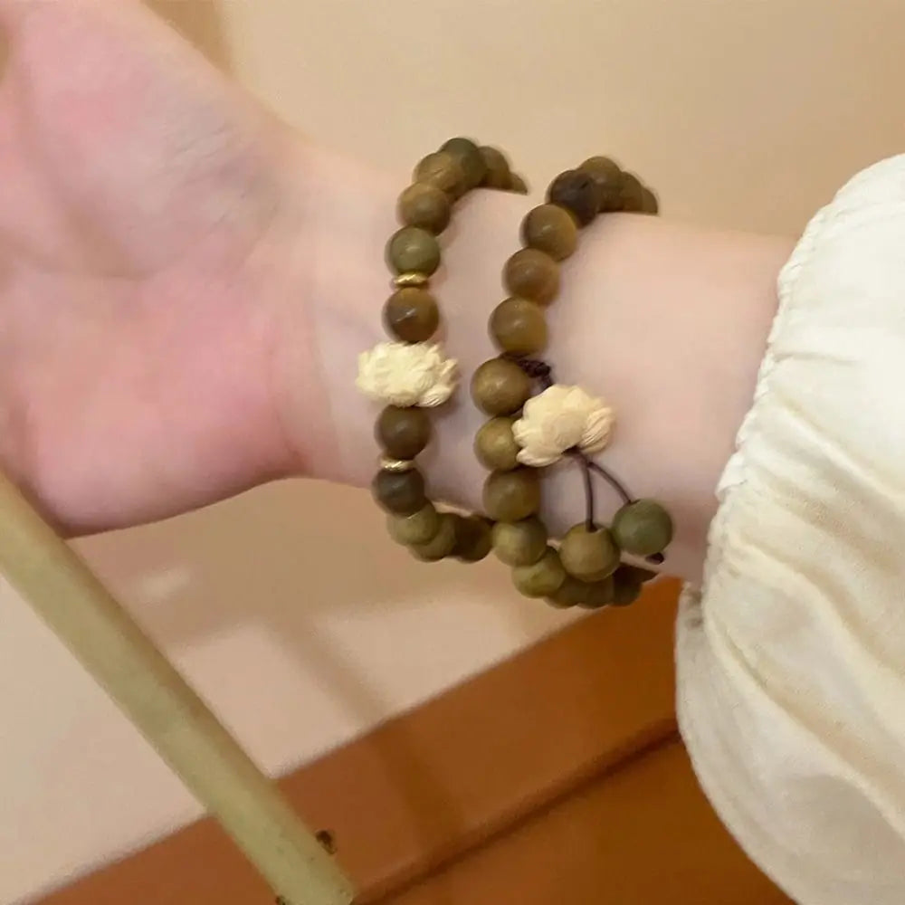 Lotus Sandalwood Bangle Wood Beaded Strand Bracelets Green Natural Sandalwood Bracelet Elastic Handwoven Rosary Jewelry