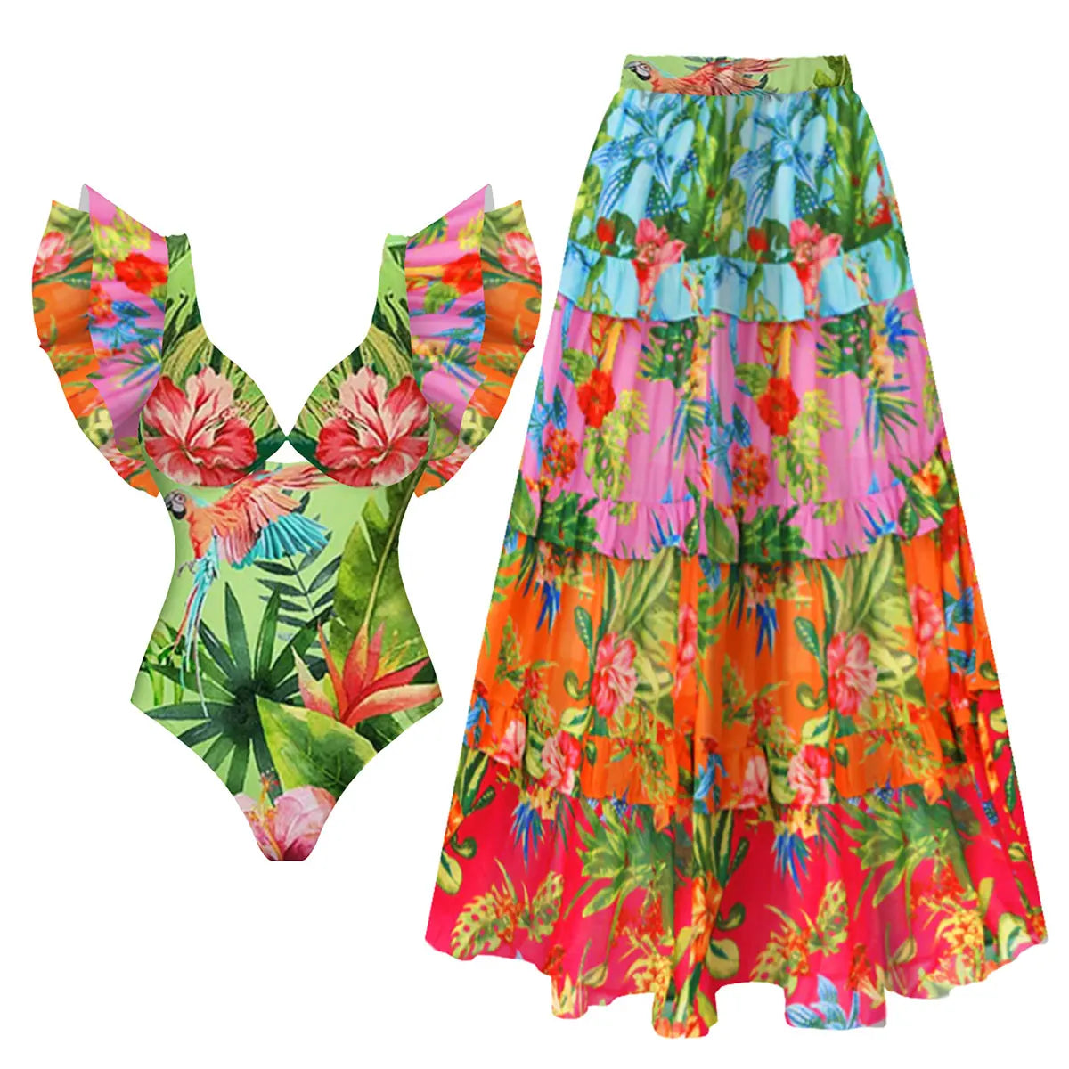 2024 New Sexy Ruffle Bikini Set Printed Brazilian Biquini Women Swimwear Skirt Bathing Suit Girls Summer Beachwear Dress