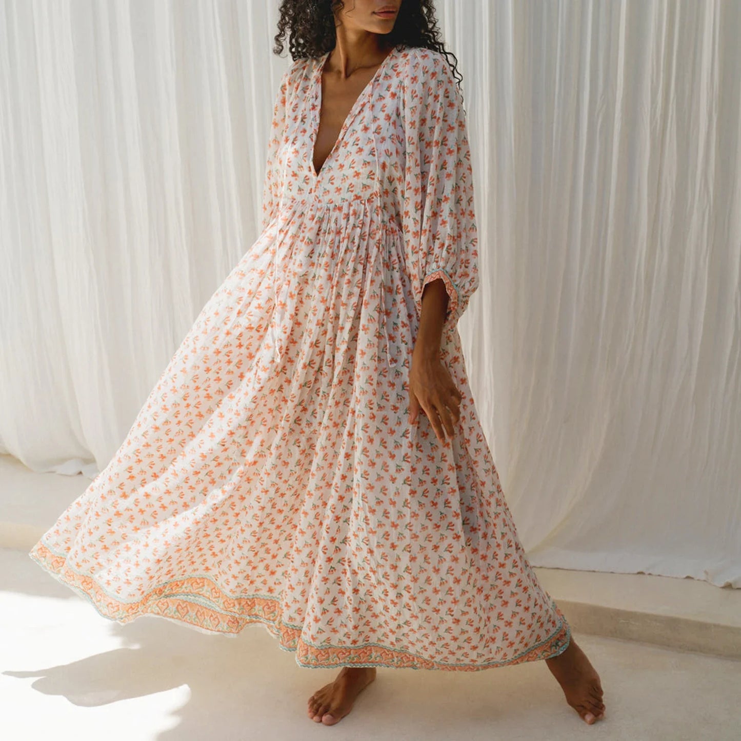 Women Floral Maxi Dress Y2k Boho Printed 3/4 Lantern Sleeve V Neck Dress Holiday Beach Loose Swing Sundress Party Clubwear