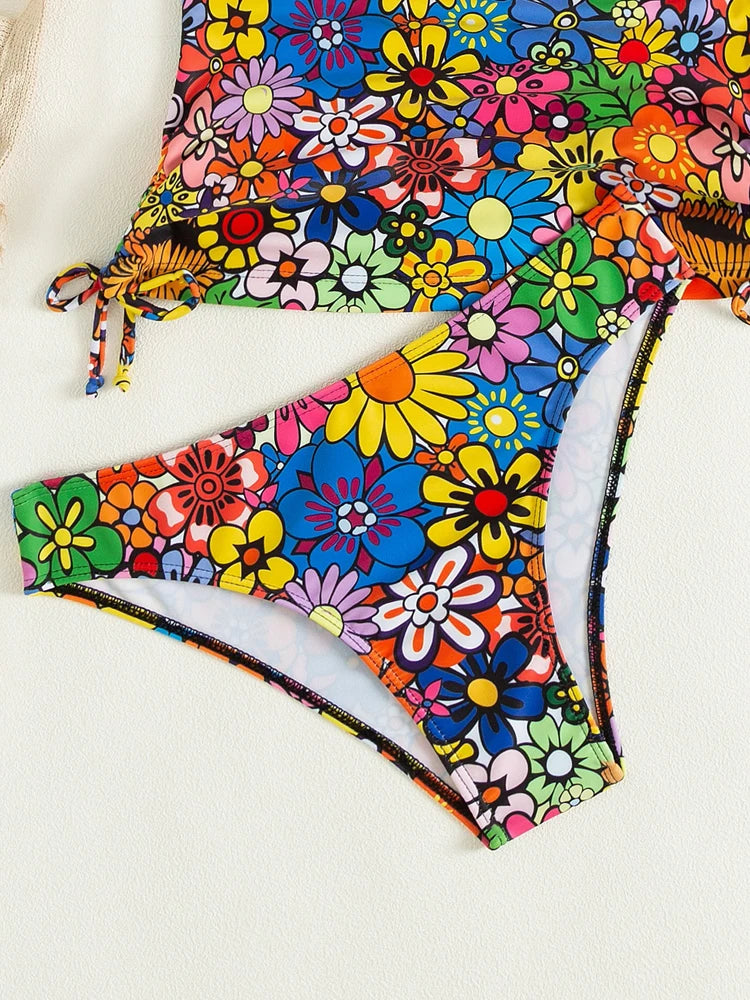 2026 Vintage Tied Halter Floral Print Tankini Set Women Summer Push UP Swimsuit Ladies Beach Backless Swimwear Bathing Suit Swim