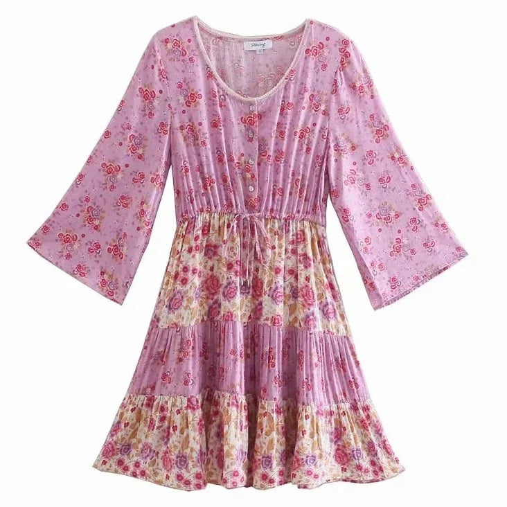 GypsyLady Floral Vintage Mini Dress Pink Holiday Boho Women Dress  Flare Sleeve Summer Holiday Ladies Female Sexy Dresses 2021