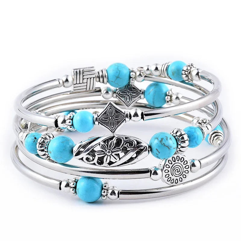 2023 New Natural Turquoise/Tiger Pattern Wrapped Bracelet Multi layered Natural Stone Bead Bracelet for Women and Men's Jewelry