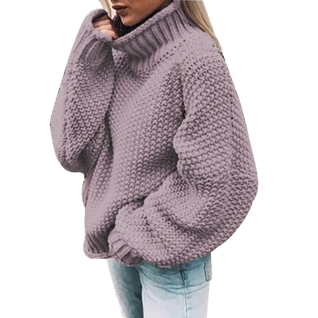 New Women Autumn Half High Neck Pullover Female Solid Color Long Sleeve Coarse Knit Sweaters Ladies Fashion O Neck Tops