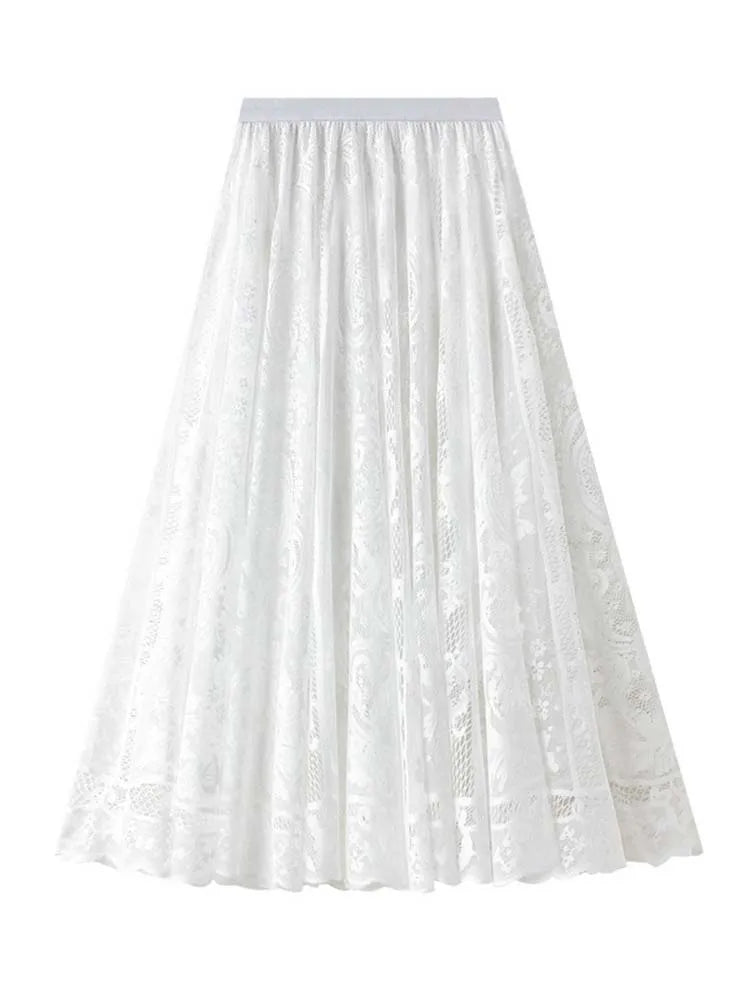Spring Summer Women Lace Skirts Solid High Waist Elastic Vintage Elegant Office Ladies White Black Chic Long Skirts Jupe Longue