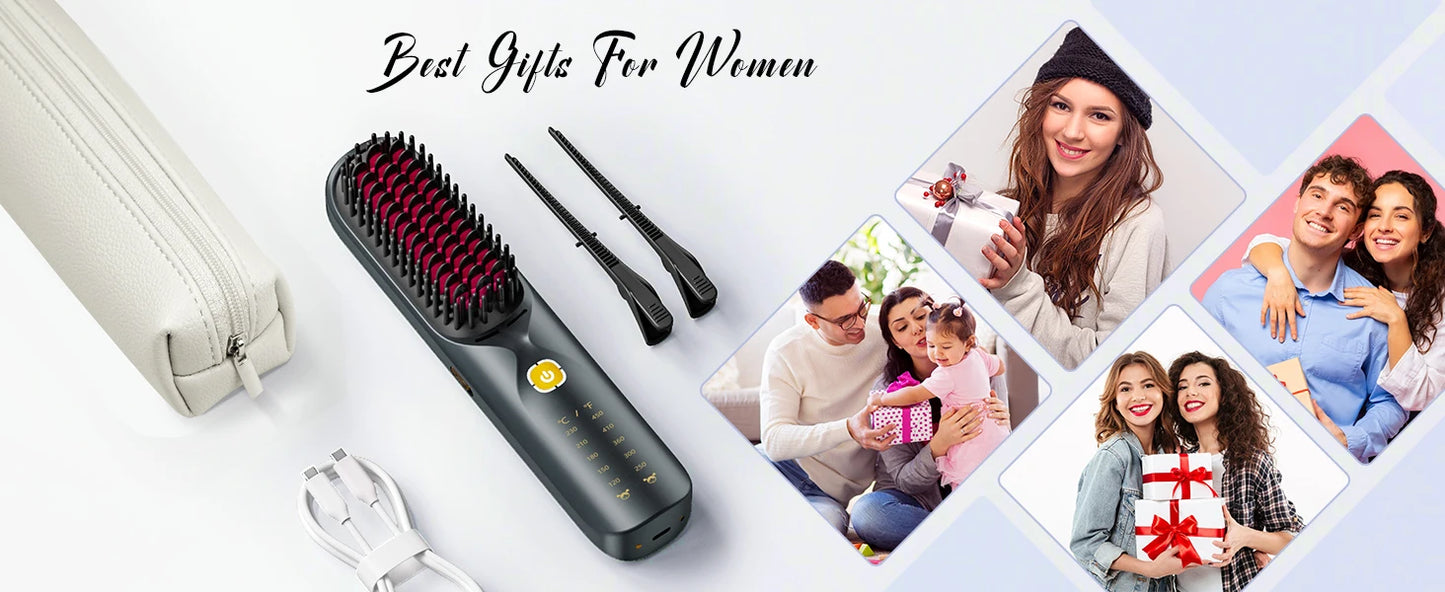 Cordless Hair Straightener Portable Brush 30s Fast Heating 10000mAh Rechargeable 300 Million Negative Ions Straightening Comb