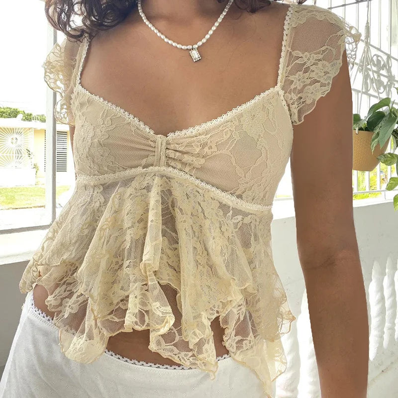 Irregular high waisted see through lace shirt, unique and niche new style, sexy V-neck flying sleeve top