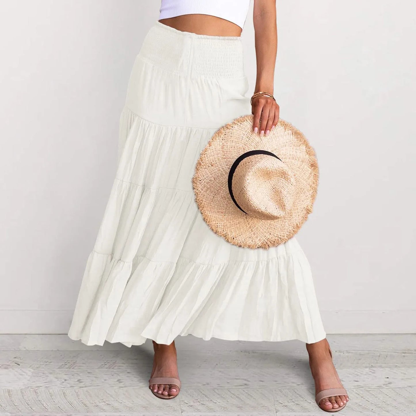 High Waist Boho Women Maxi Skirts Elegant Beach Casual Vestido Summer Solid Harajuku Large Swing A Line Long Skirt Ruffles Jupes