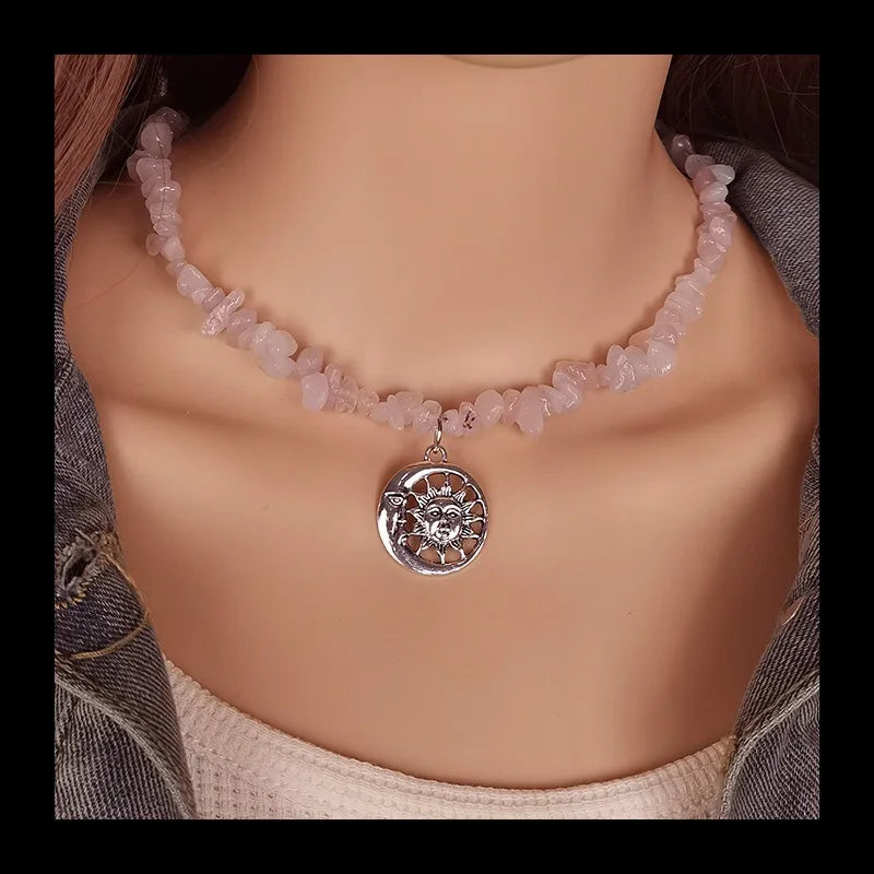 Ladies Retro Natural Gravel Handmade Beaded Collarbone Chain Ethnic Style Sun and Moon Pendant Necklace Jewelry Wholesale