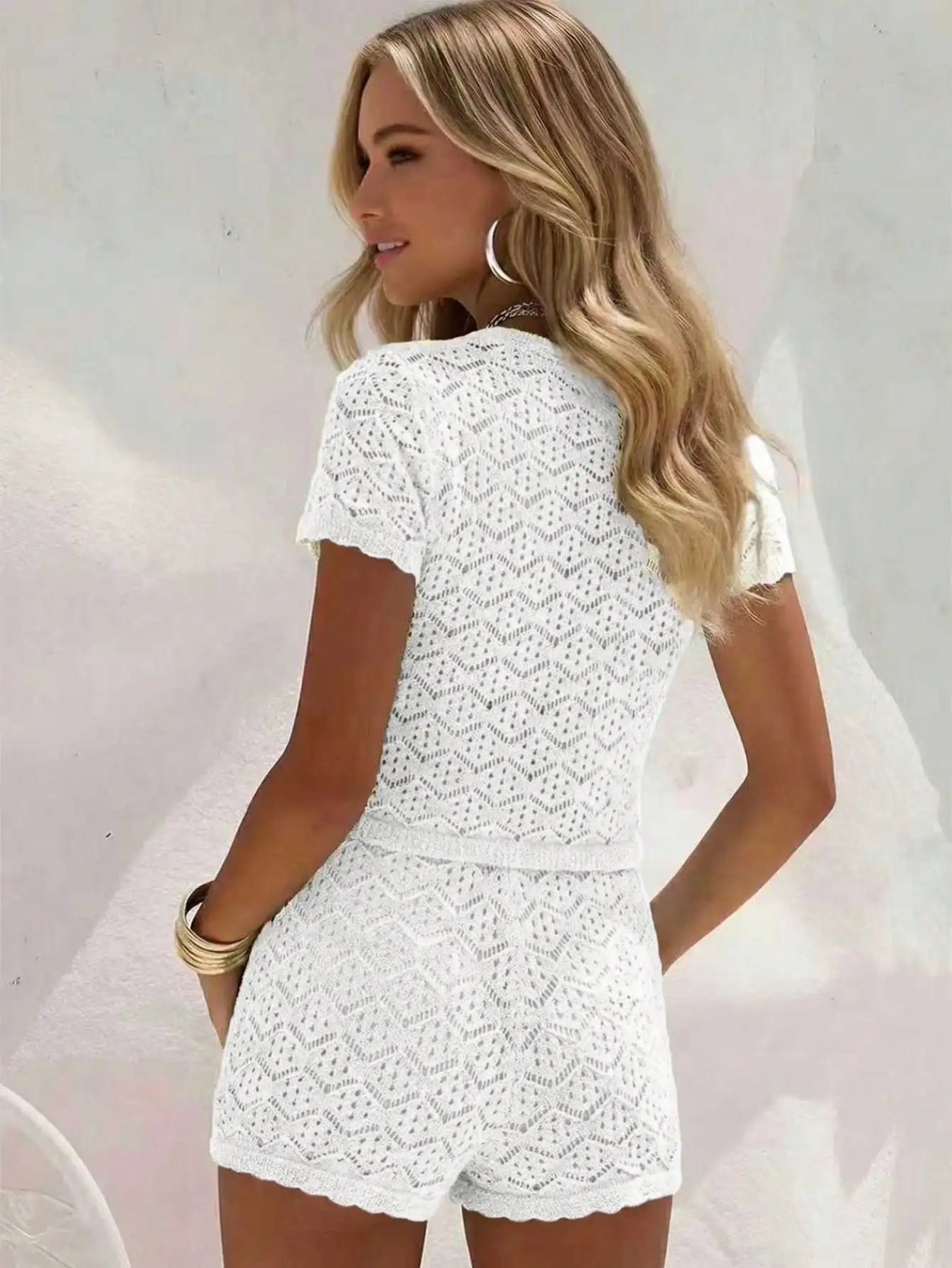 Womens Crochet Hollow Out Two Piece Beach Set Short Sleeve Knit Cover Up And Shorts