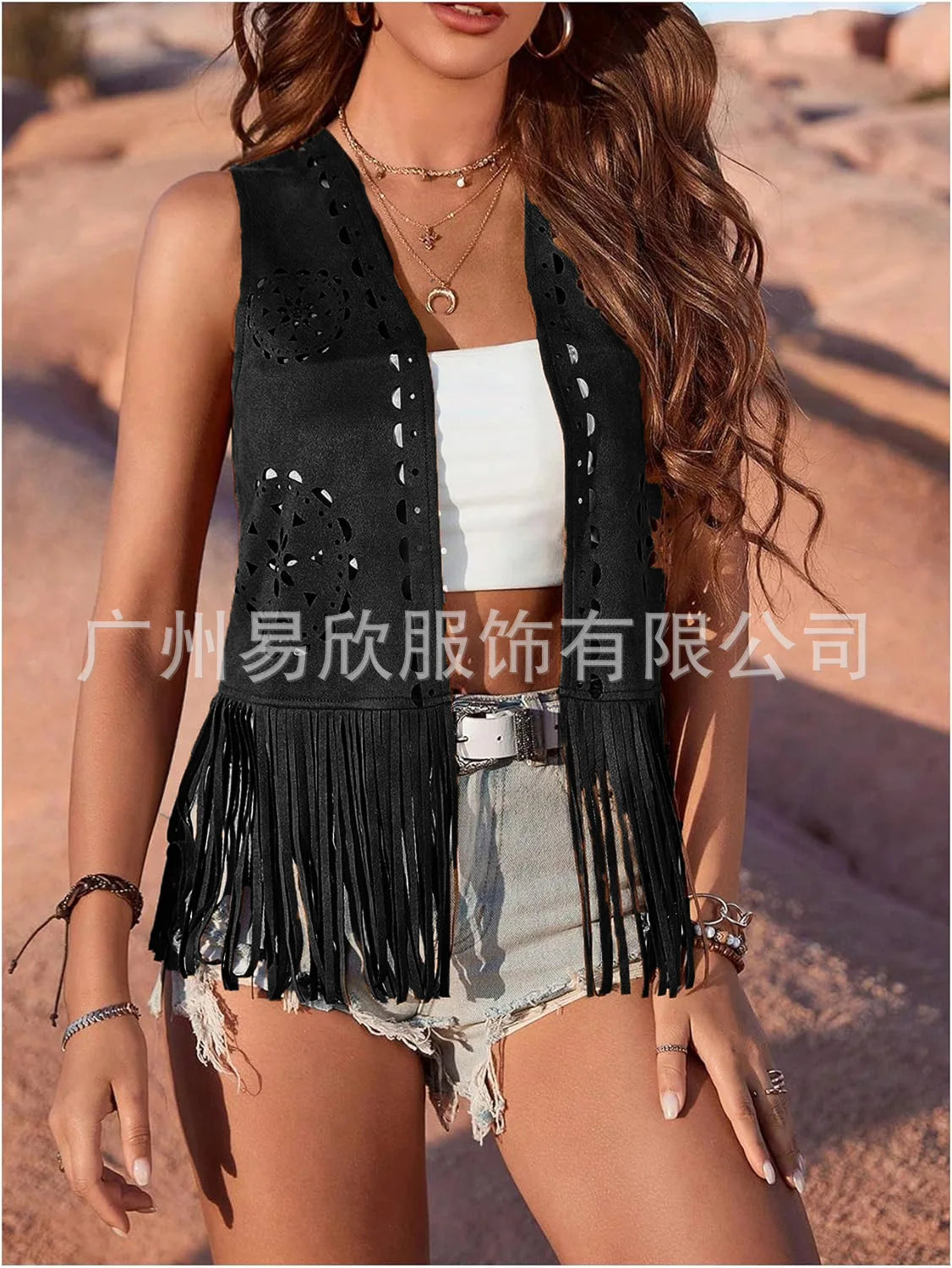 Western Fringe Vest for Women - Vintage Faux Suede Waistcoat with Tassel Trim, Boho Hippie Open Front Sleeveless Jacket