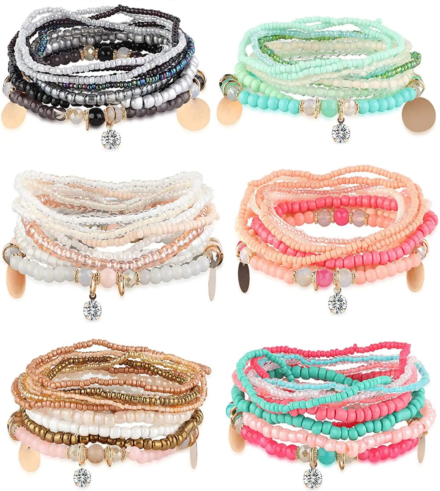 6Sets Boho Bead Bracelets Set Stackable Bracelets Comfortable Stretch Bracelets Multicolor Bohemian Charm Bracelet for Women Men