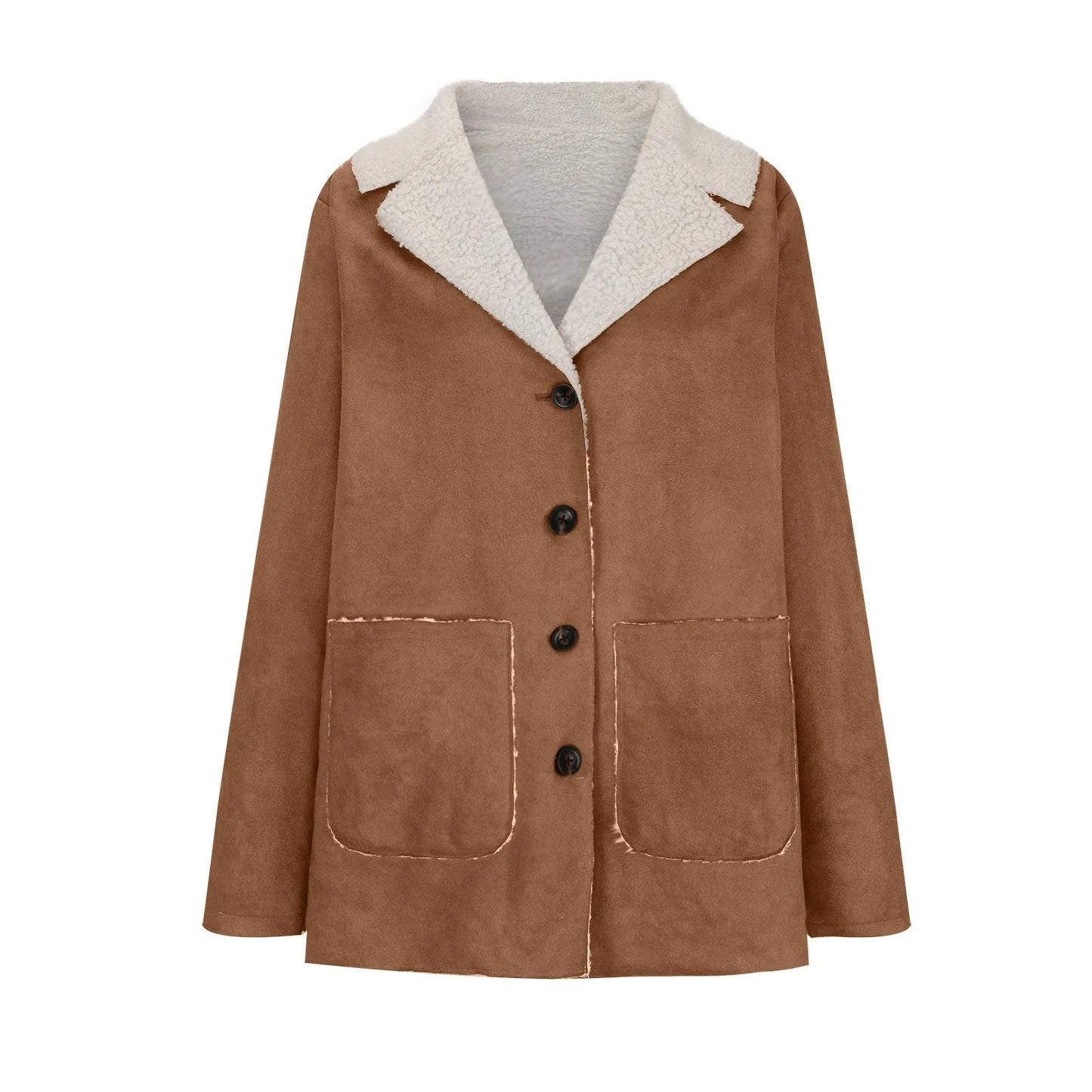Women's Winter Jacket Plus Size Fleece Lined Jackets Streetwear 2024 Suede Coats Warm Notch Lapel Outerwear With Big Pockets