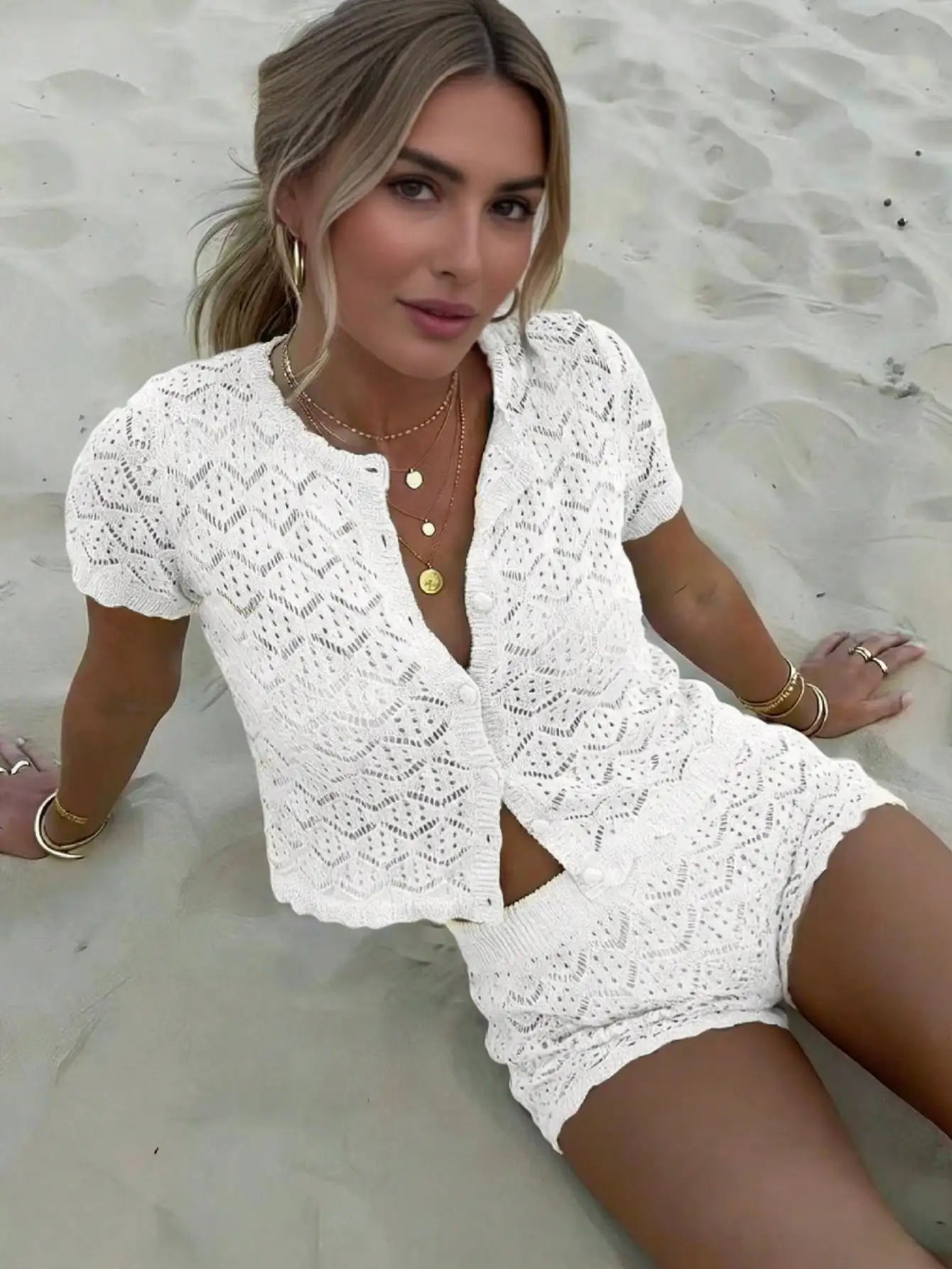 Womens Crochet Hollow Out Two Piece Beach Set Short Sleeve Knit Cover Up And Shorts