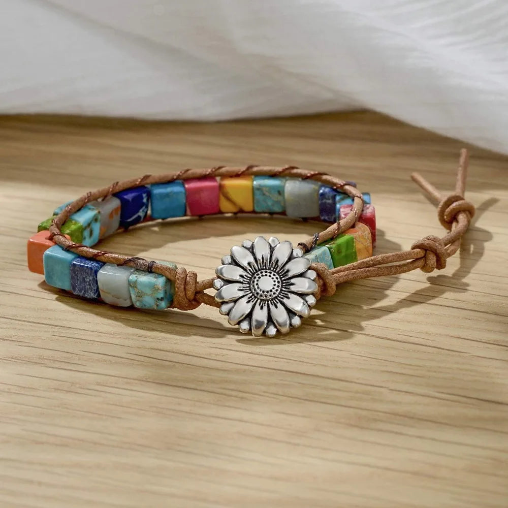 7 Chakra Leather Wrap Bracelet – Real Healing Stones, Boho Jewelry for Women & Men