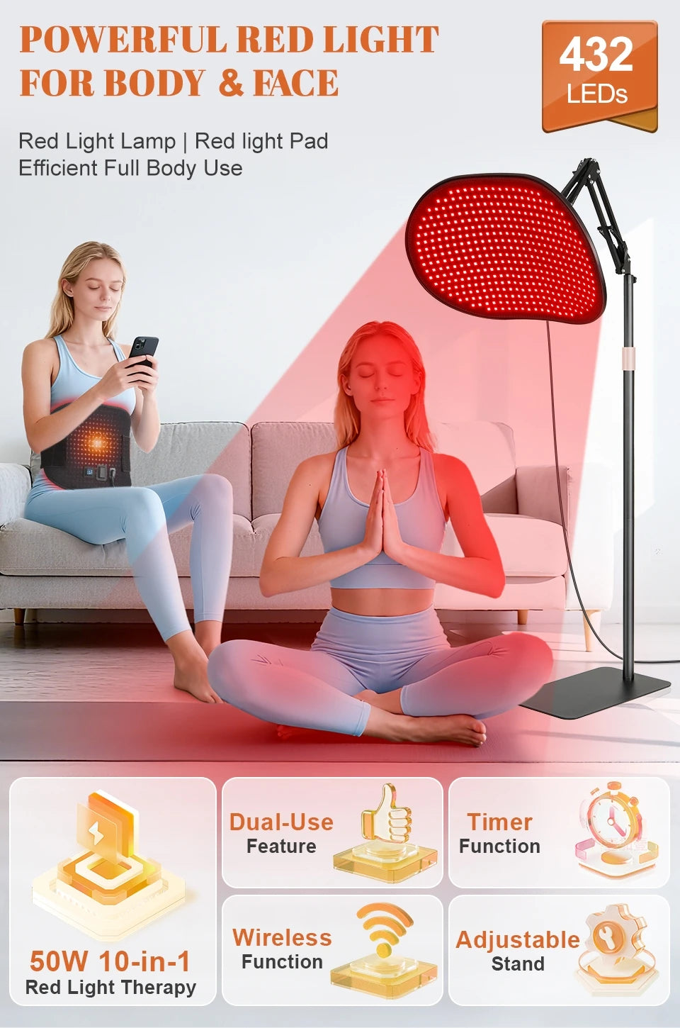 432PCS Red Light Therapy Bracket Light Mat 2-in-1 Relieve Muscle Pain For Full Body Face Near Infrared Light Sauna For Body Face