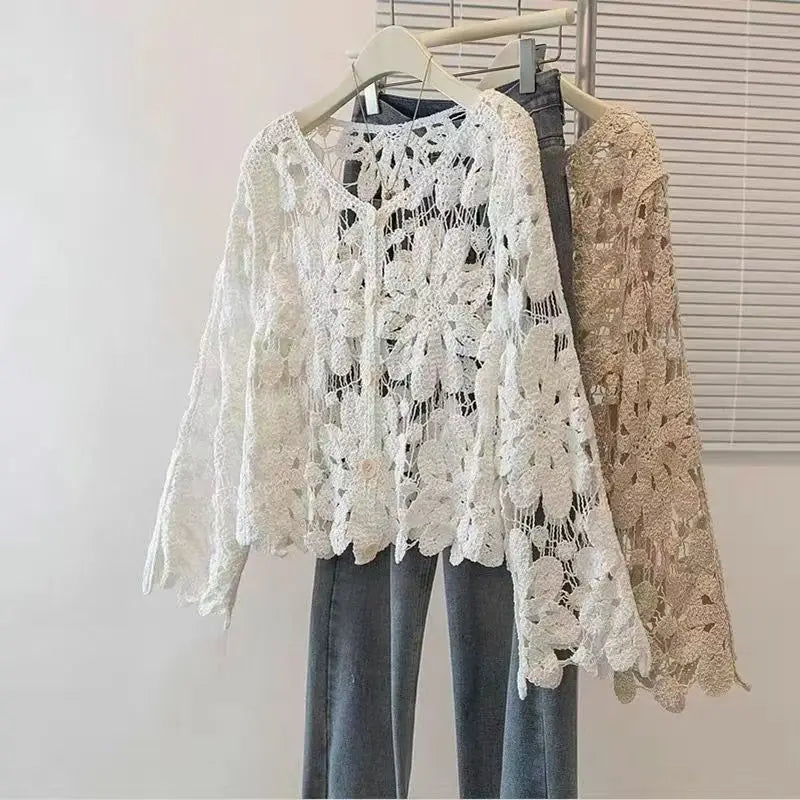 Retro Hook Flower Hollow Out Tops Fashion Long Sleeve Embroidery Cardigan Shirt Sweet Women Blouse