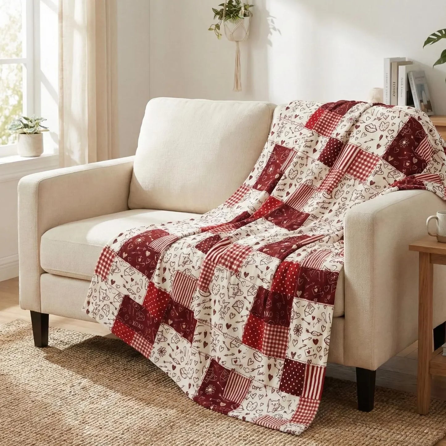 Patchwork Kantha Quilt Floral Print Cotton Bedding Throw Bedding Soft Warm Throw for Sofa Bed Couch Chair Cartoon Design in Red