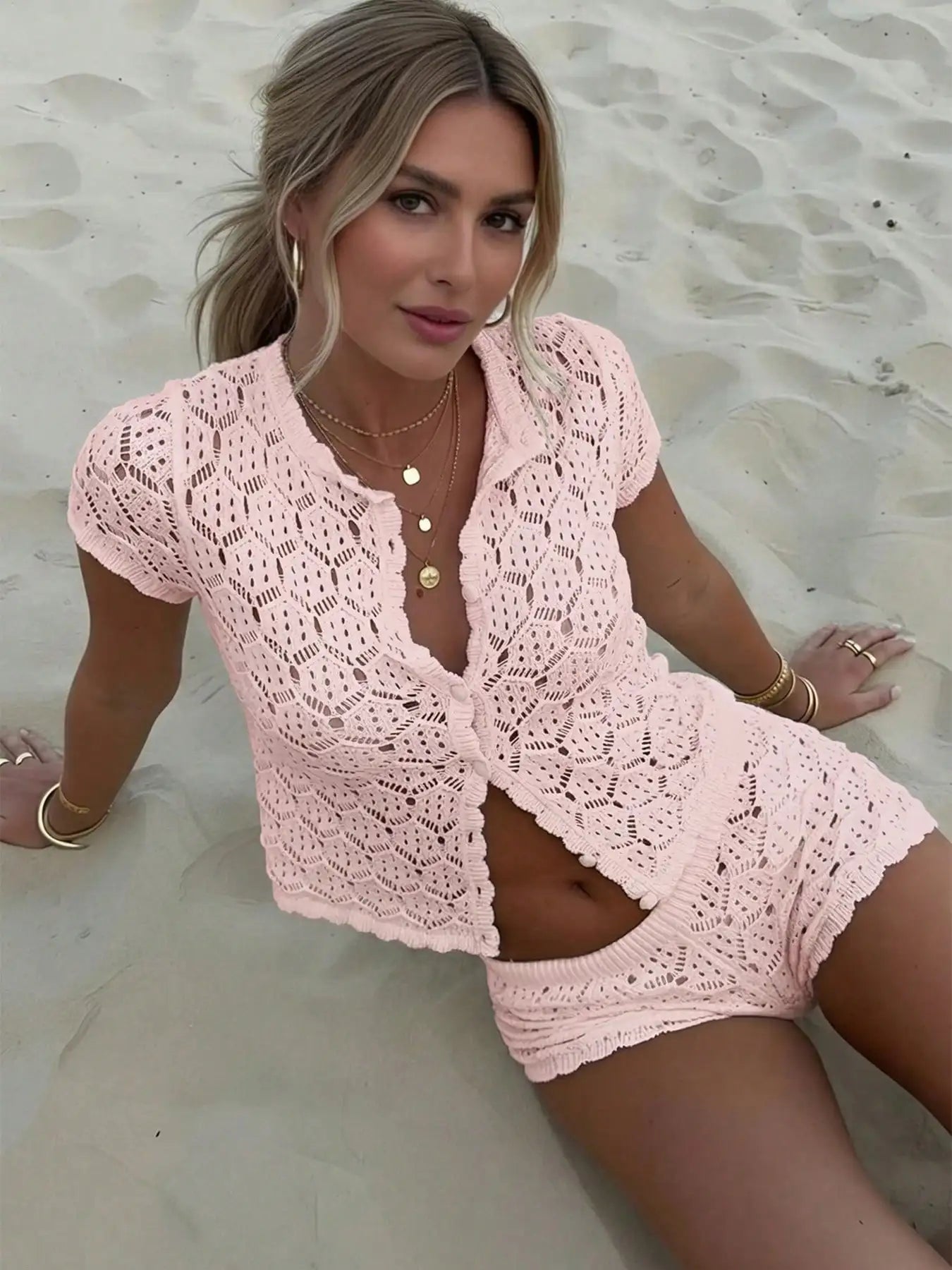 Womens Crochet Hollow Out Two Piece Beach Set Short Sleeve Knit Cover Up And Shorts