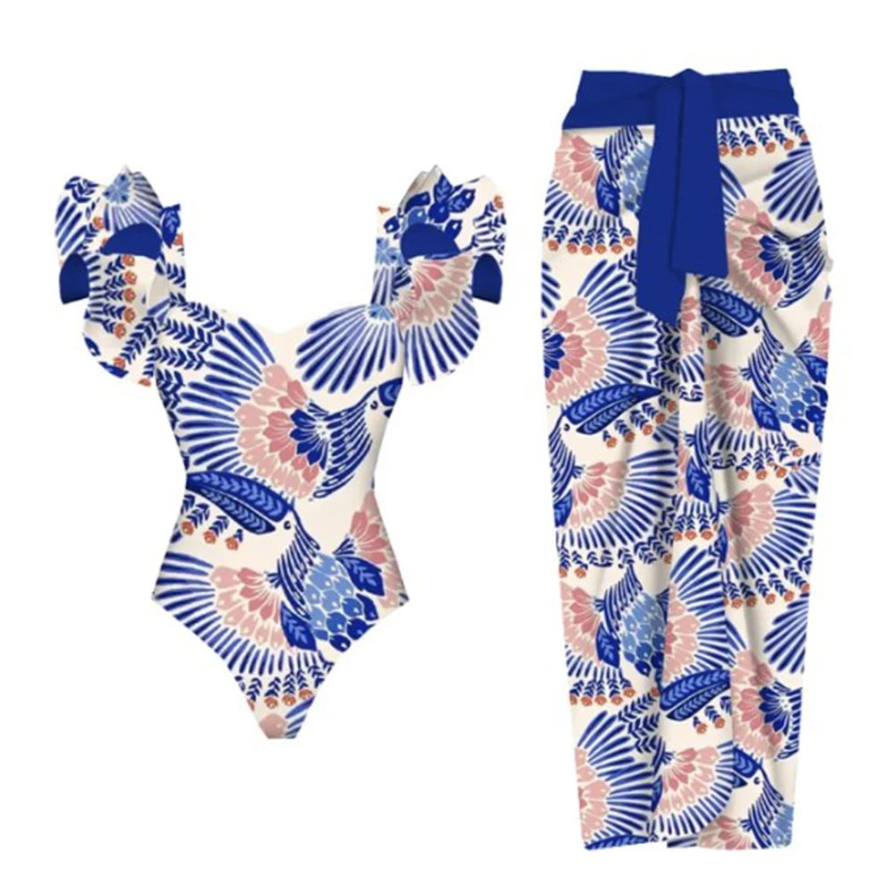 2024 New Sexy Ruffle Bikini Set Printed Brazilian Biquini Women Swimwear Skirt Bathing Suit Girls Summer Beachwear Dress