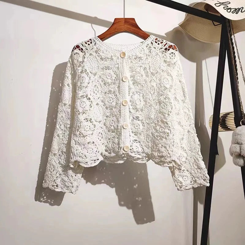 Retro Hook Flower Hollow Out Tops Fashion Long Sleeve Embroidery Cardigan Shirt Sweet Women Blouse