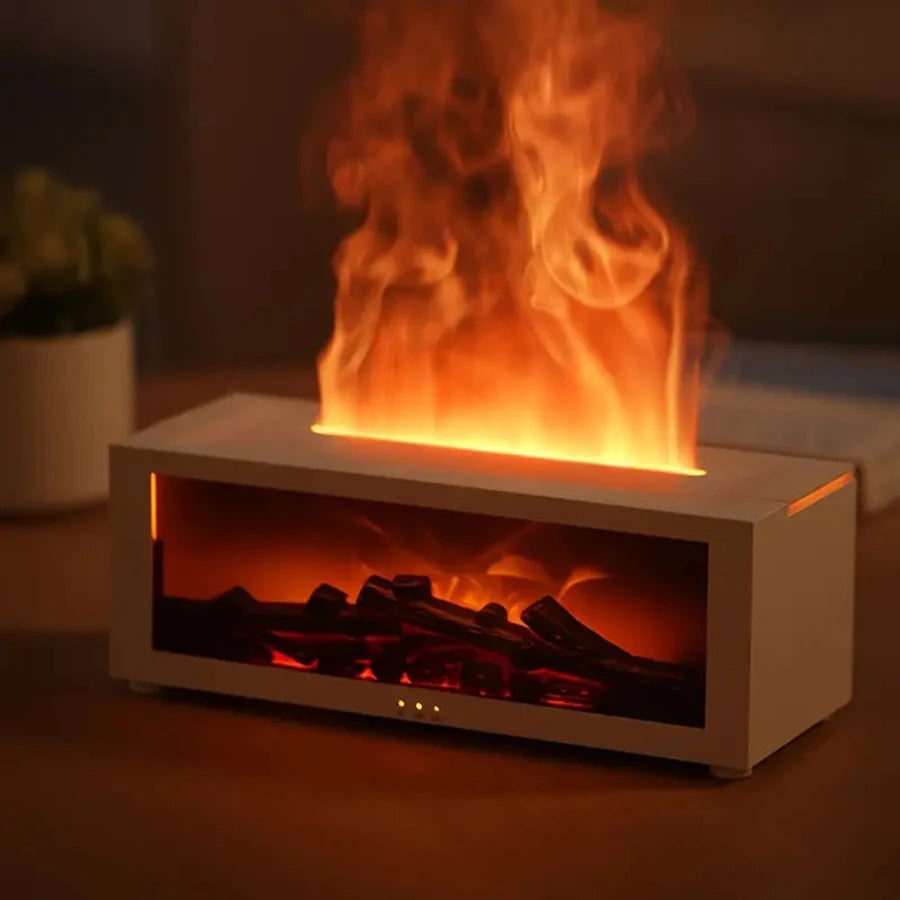 USB-powered fireplace humidifier, aromatherapy diffuser, with remote timer, and automatic shut-off when water runs low