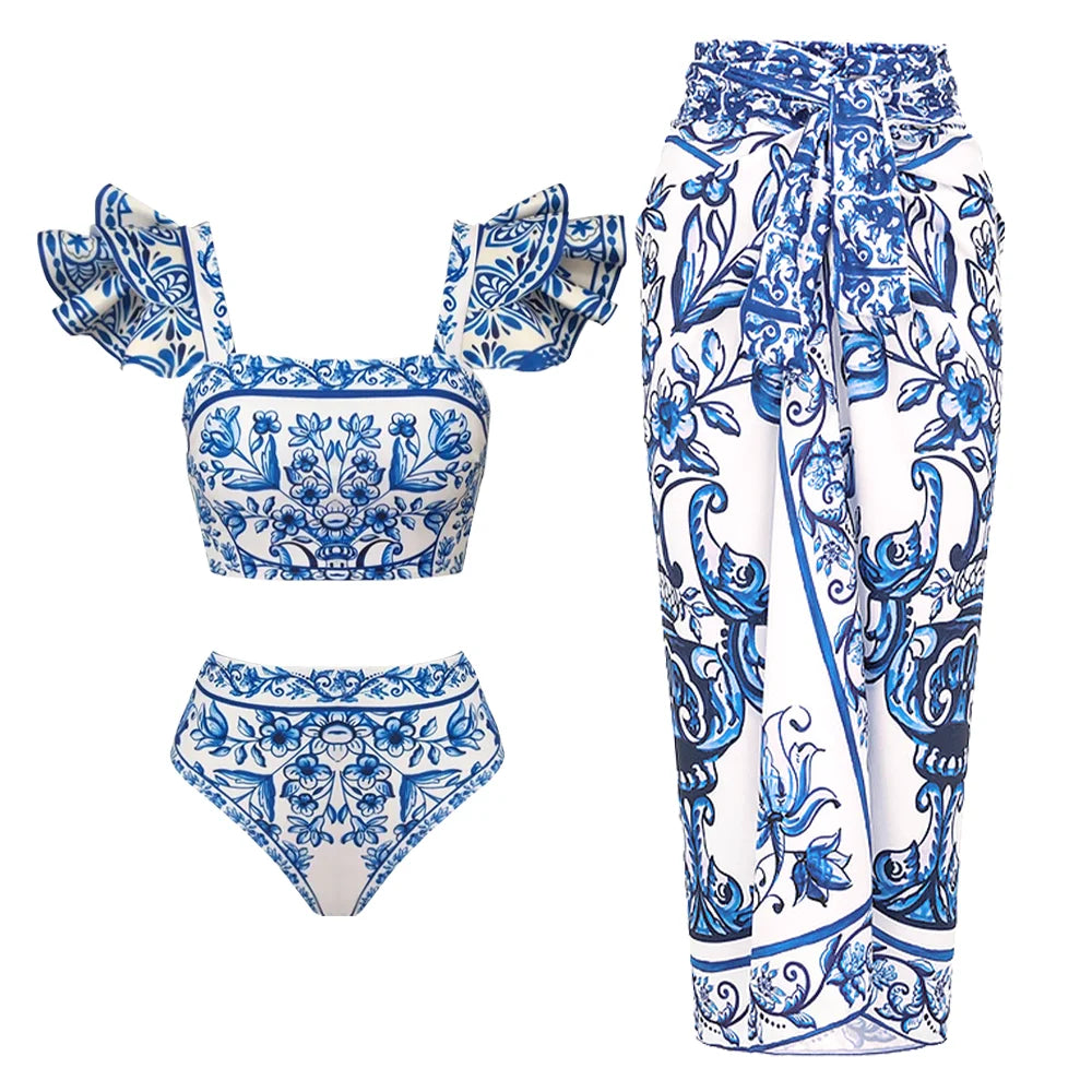 2024 New Sexy Ruffle Bikini Set Printed Brazilian Biquini Women Swimwear Skirt Bathing Suit Girls Summer Beachwear Dress