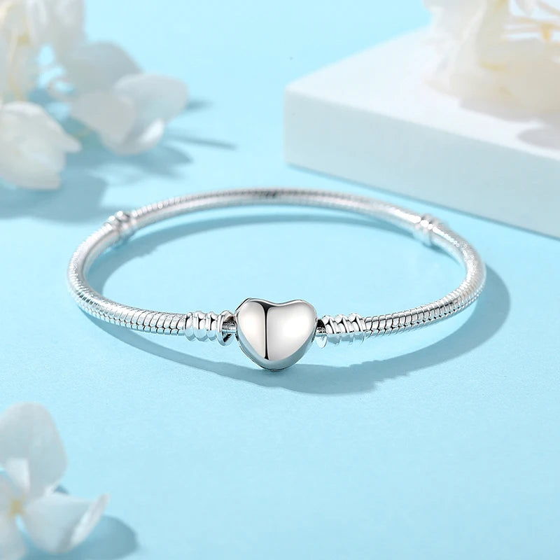 Original 925 Sterling Silver Bracelet for Women Charms Beads Rose Gold Heart Bracelets Bangles Snake Chain Luxury Jewelry Gift