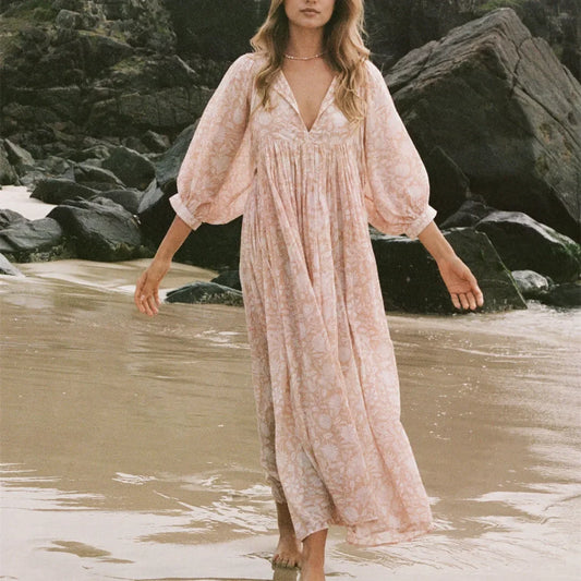 Women Floral Maxi Dress Y2k Boho Printed 3/4 Lantern Sleeve V Neck Dress Holiday Beach Loose Swing Sundress Party Clubwear