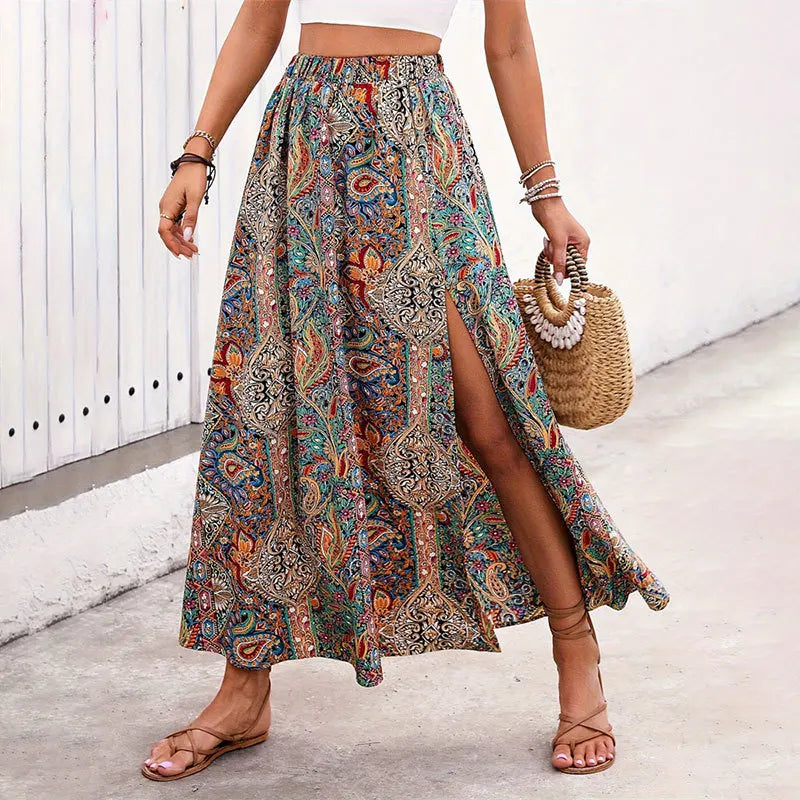 Vintage Bohemian Ethnic Print Long Skirt Women 2026 Summer Casual High Waist Skirt Lady Elegant Boho A line Split Pleated Skirt