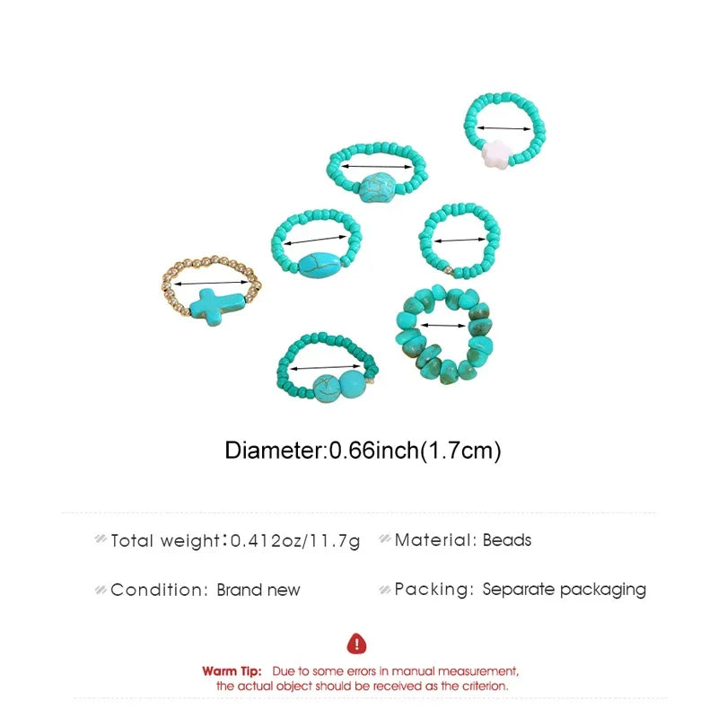 Ethnic Style Imitation Pearl Beads Rings Set for Women Retro Blue Stone Cross Elastic Rope Ring Personality Jewelry Gift