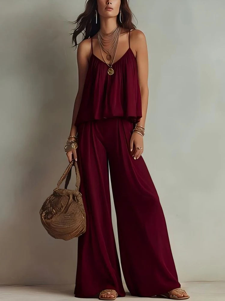 Simple Solid Color Sleeveless Summer Suit Casual Pleated Beach Sets New Women's V-neck Camisole Top with Wide Leg Pants Outfit