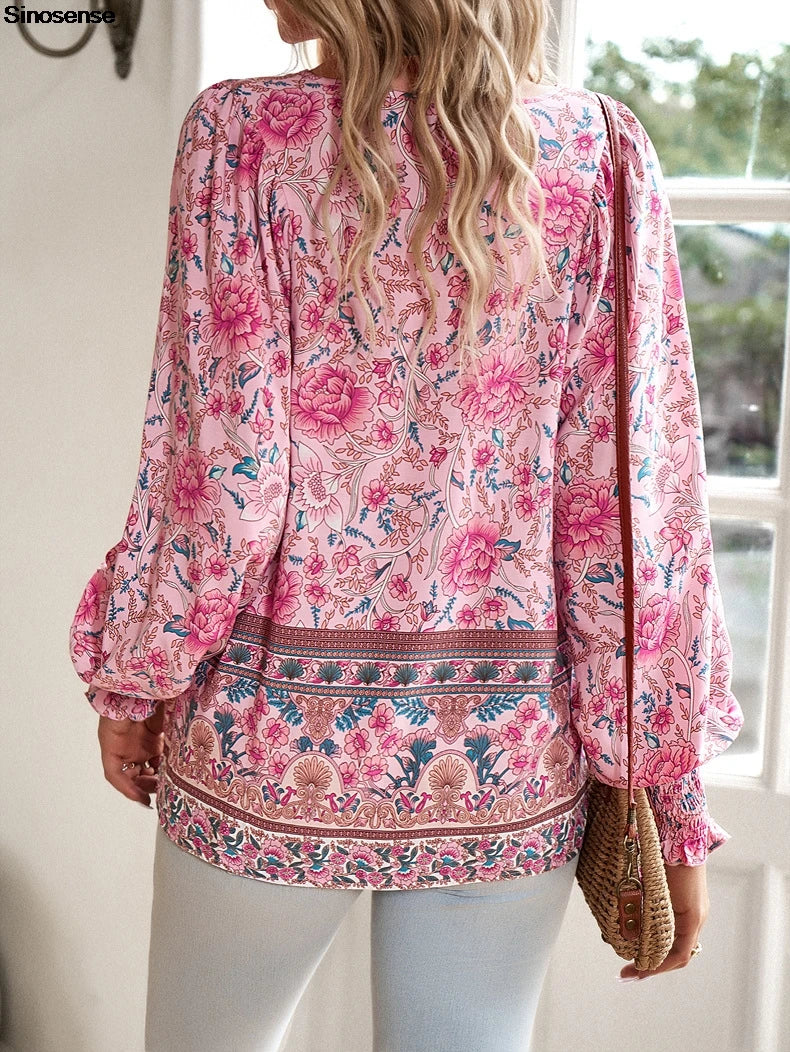 Women Vintage Floral Print Boho Blouse Sexy V Neck Long Sleeve Tops Casual Date Work Party Summer Beach Loose Blouses Shirts