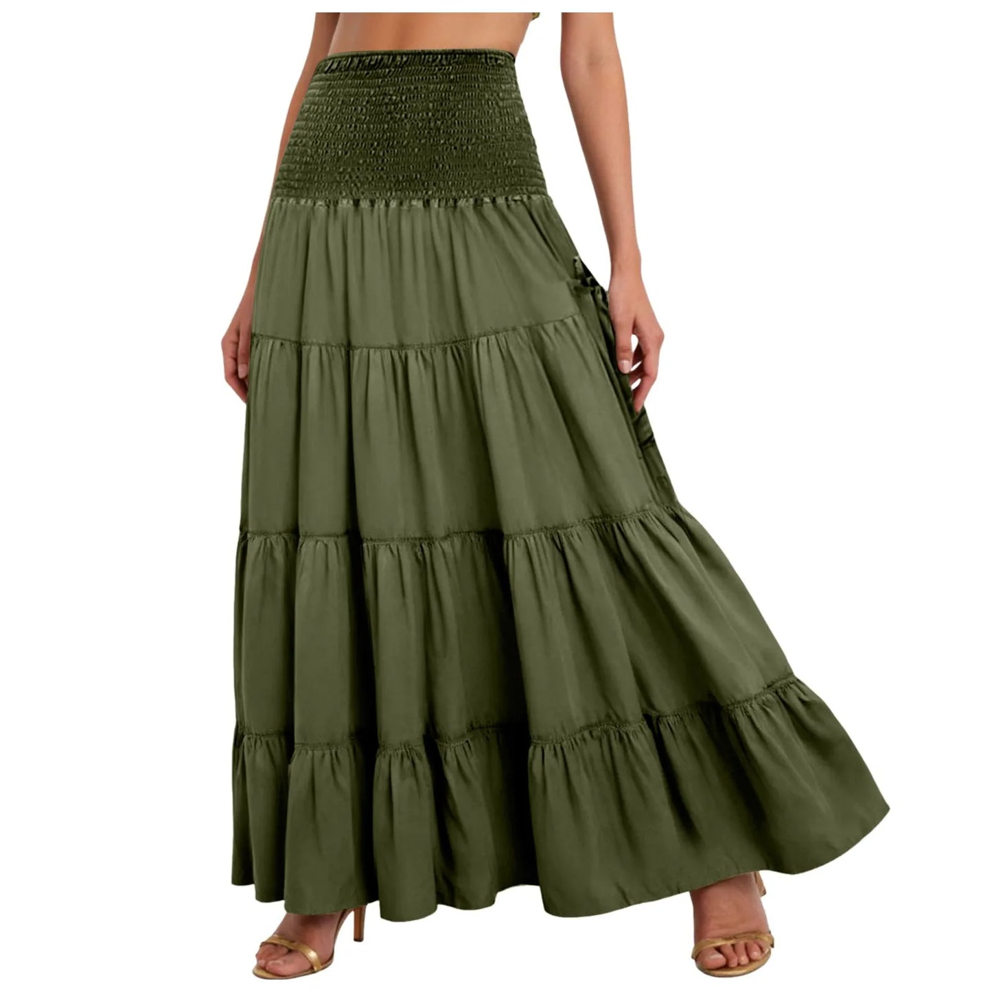 Boho Tiered A-Line Skirt Women Forest Fairy Pockets Patchwork Long Dress Elastic Waist Vintage Hippie Gypsy Maxi Skirt 스커트