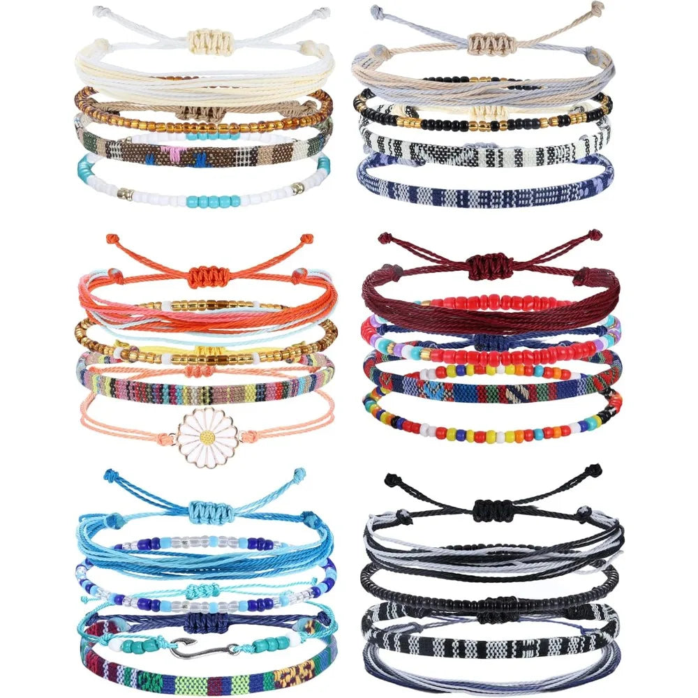 24-Piece Waterproof Boho Bracelet Set – Adjustable Handmade Wave & Ocean Anklets for Women