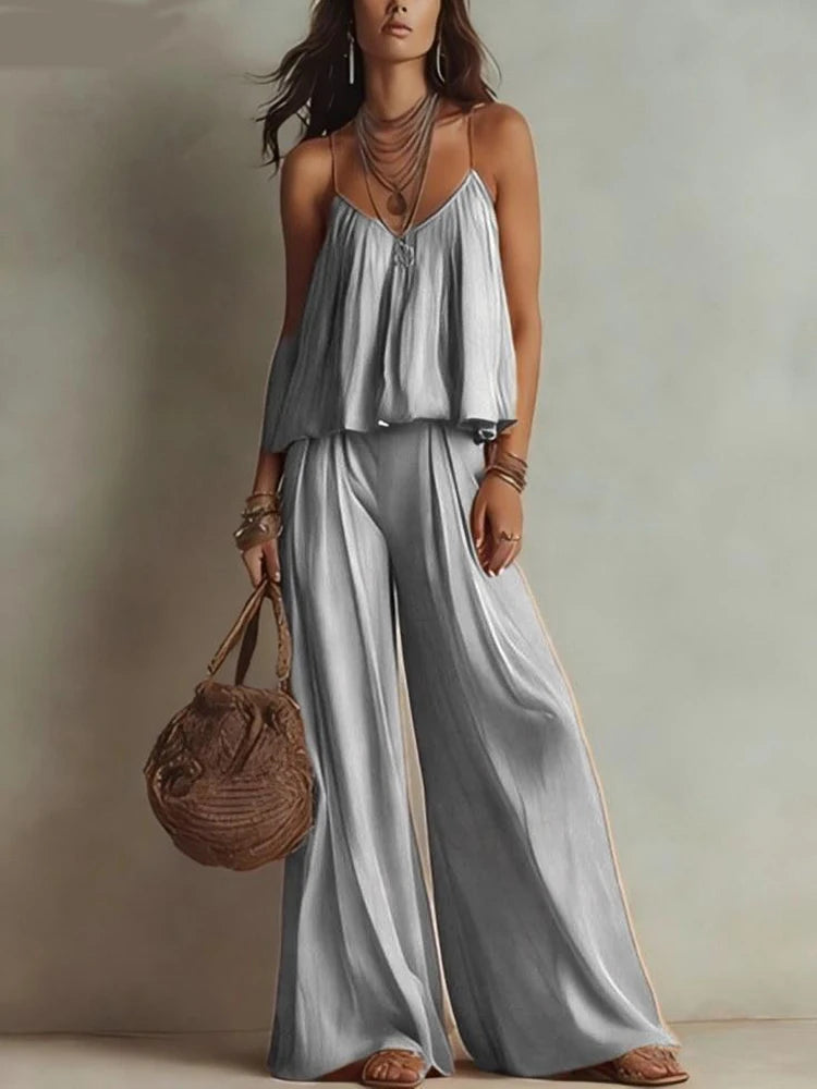 Simple Solid Color Sleeveless Summer Suit Casual Pleated Beach Sets New Women's V-neck Camisole Top with Wide Leg Pants Outfit